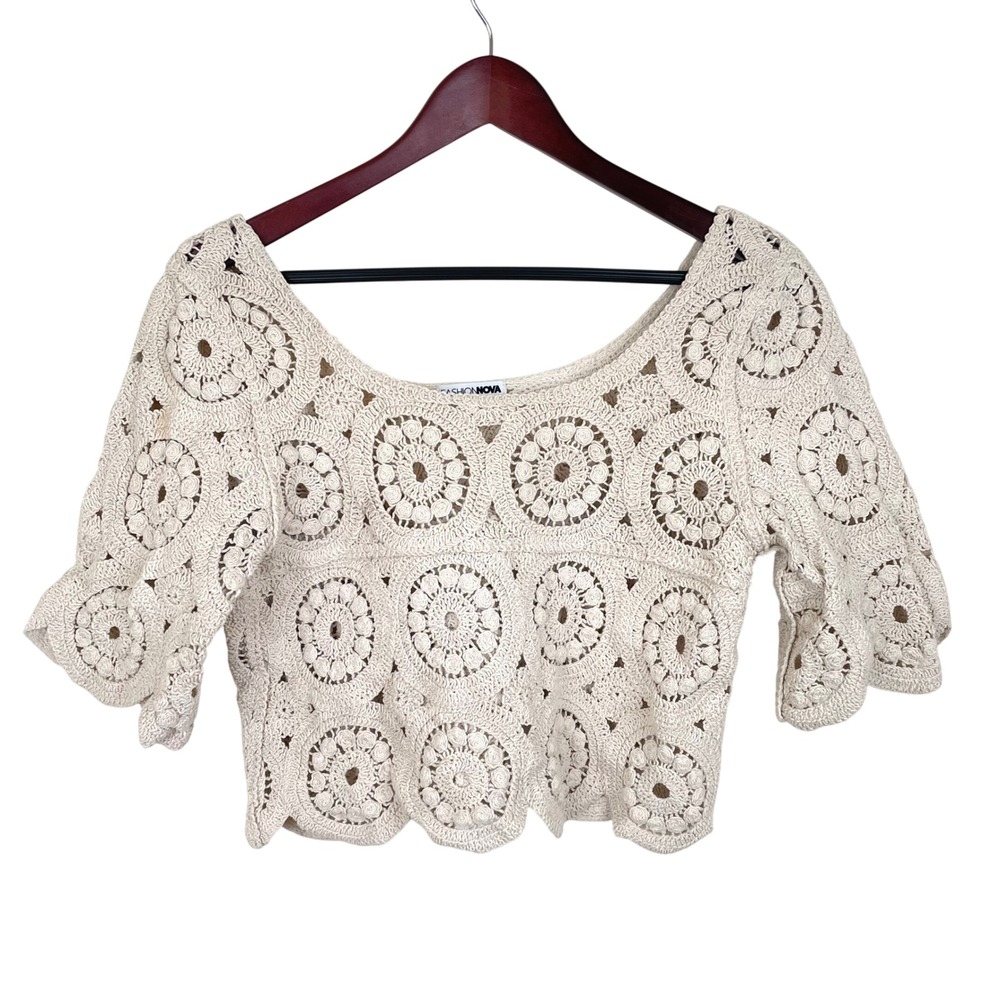 Top Sz S Crochet Open‎ Knit Cotton Cottage Festival Boho Romantic Fairy Cream